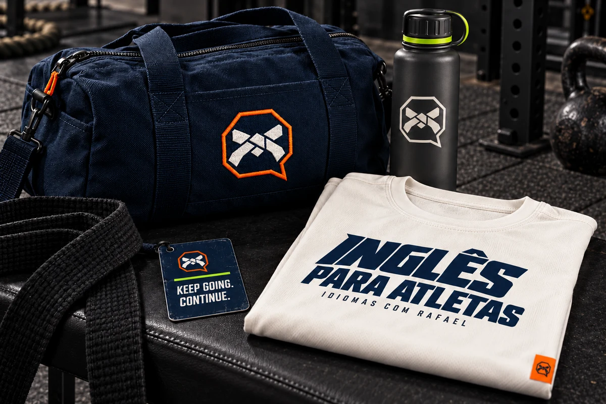 Bolsa azul-noite, garrafa grafite e camiseta clara com a nova marca